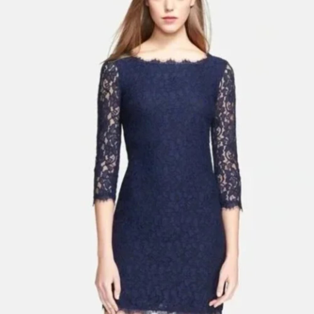 DIANE VON FURSTENBERG Zarita Midnight Navy Blue Stretch Lace Shift Dress Size 6